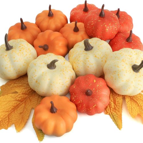 16PCS Realistic Mini Pumpkin Decor,Fall Decor with Pumpkins Maple Leaves, Artificial Pumpkin Decor for Autumn Filler, Realistic Pumpkin Decorations for Halloween Thanksgiving Fall Home Decor