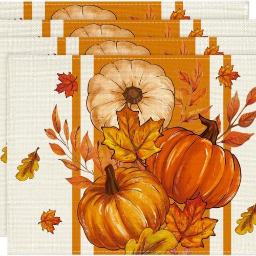 Artoid Mode Pumpkin Leaves Fall Placemats Set of 4 for Table Runner, Seasonal Kitchen Dining Table Decoration for Indoor Party Home 12 x 18 inch