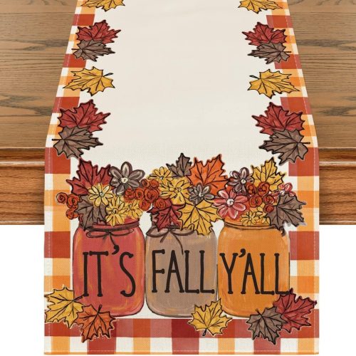 It's Fall Y'all Thanksgiving Fall Table Runner Home Kitchen Dining Pumpkins Maple Leaves Harvest Vintage Table Flag for Indoor Outdoor Decor 13 x 36 Inch