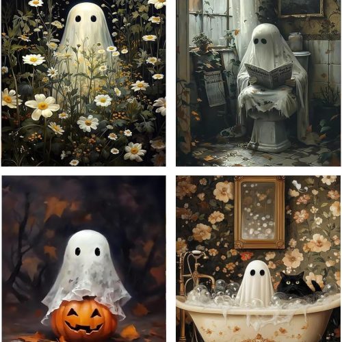 4 Pack Ghost Diamond Art Kits for Adults - 5D Diamond Paintings for Adults Beginner,DIY Halloween Pumpkin Round Full Drill Dots Pictures Gem Art Painting Kits for Home Wall Decor 11.8x15.7inch