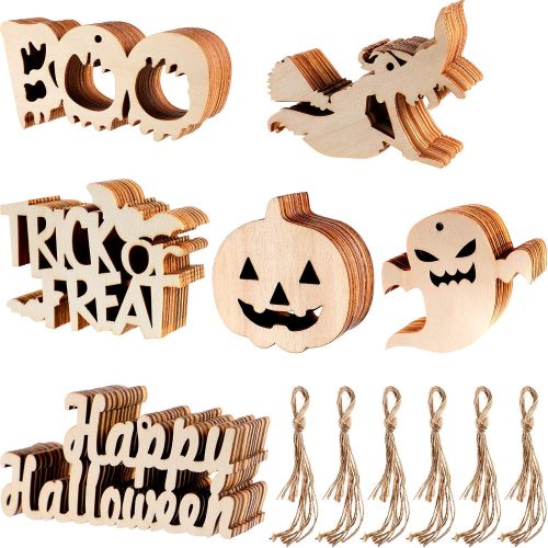 Sumind 60 Pieces Halloween Wooden Slices Wooden Gift Tags Blank Wood Hanging Ornaments Cutouts Crafts with 60 Pieces Twine Ropes for Kids Crafts Halloween Christmas Ornaments (Style 2)