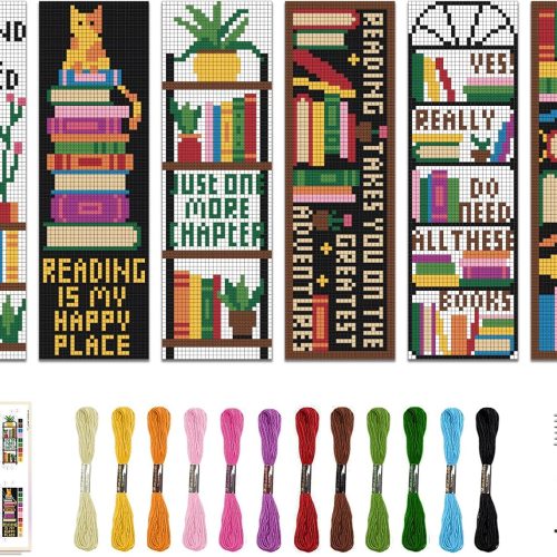 CTZ321CT_1 ACRNIGHEET 6PCS Cross Stitch Bookmark Kits Bookshelves Words Pattern Counted Cross Stitch Kits for Beginners Adults DIY Stamped Embroidery Bookmarks with Instructions Hand Embroidery Craft Gift