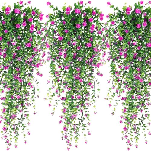 Artificial Hanging Flowers, 3 Pcs Fake Hanging Plants Artificial Vines for Outdoors, Fake Ivy Vine UV Resistant No Fade Faux Plants for Indoor Outside Garden Patio Yard Greenery Decoration (Red)