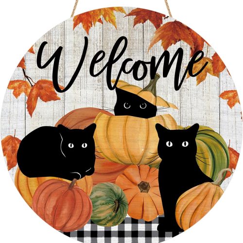 Welcome Fall Black Cat Door Sign Pumpkin Maple Leaf Wood Door Hanger for Outdoor Outside Porch Seasonal Fall Autumn Farmhouse Wooden Indoor Wall Hanging Decoration