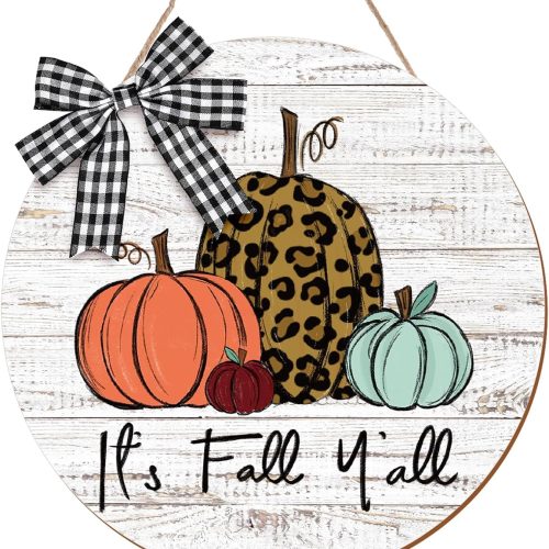 Whaline Fall Pumpkin Wooden Door Sign It's Fall Y'all Front Door Decor with Bow Thanksgiving Autumn Wood Door Hanger Rustic Farmhouse Hanging Sign for Autumn Harvest Holiday Home Office Window