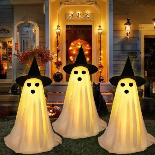 3 Packs Halloween Decorations Outdoor, Light Up Spooky Ghost with Witch Hat for Halloween Party Outside Decor Lighted Ghosts Stakes for Yard Garden Grass Lawn Patio Pathway