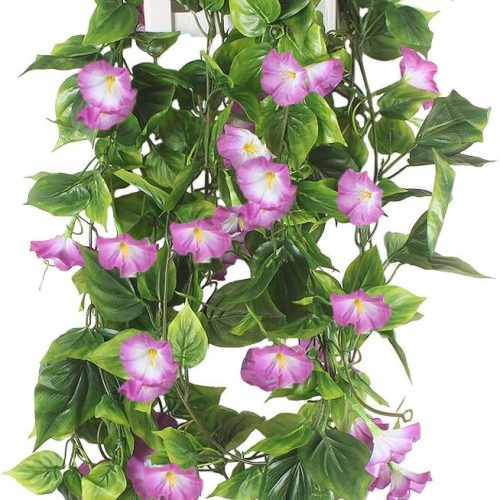 GTIDEA Artificial Vines, 2pcs 15Feet Morning Glory Hanging Plants Silk Garland Fake Green Plant Home Garden Wall Fence Stairway Outdoor Wedding Hanging Baskets Decor Purple
