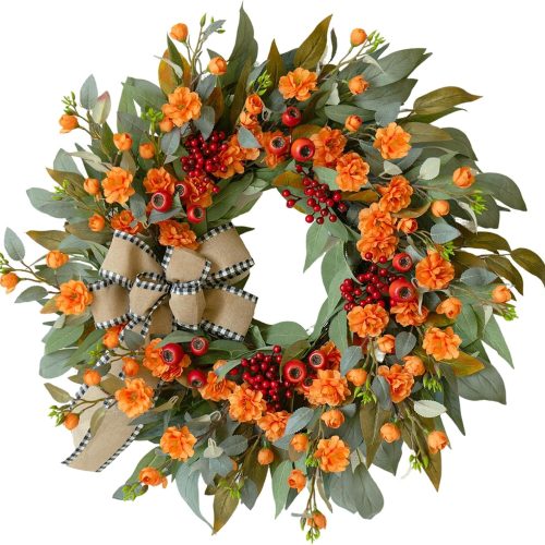 24 Inch Artificial Fall Wreaths for Front Door - Autumn Wreath with Large Red Berries, Fall Leaves, Burlow Bow - Farmhouse Decor for Thanksgiving, Harvest Festival, Indoor Outdoor Wall Porch Holiday