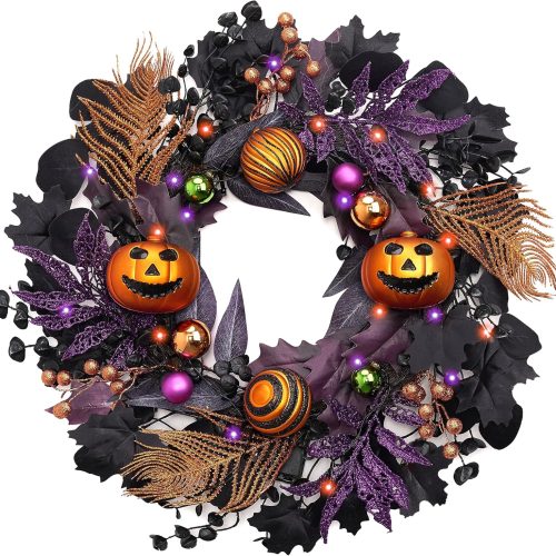 Valery Madelyn Halloween Wreath for Front Door with Lights, 18 Inch Pre-Lit Jack-o'-Lantern Pumpkin Wreath Halloween Decorations for Home Porch Table Centerpiece Window Indoor Party Holiday Wall Decor