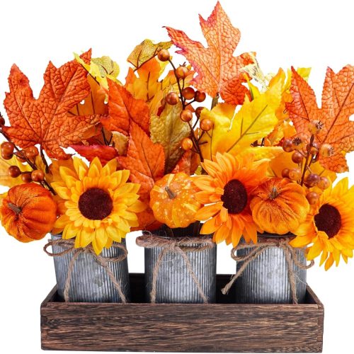 Winlyn Set of 3 Small Potted Maple Arrangement Artificial Maple Leaf Branches Faux Fall Picks and Sprays in Rustic Galvanized Metal Pots with Decorative Wood Tray