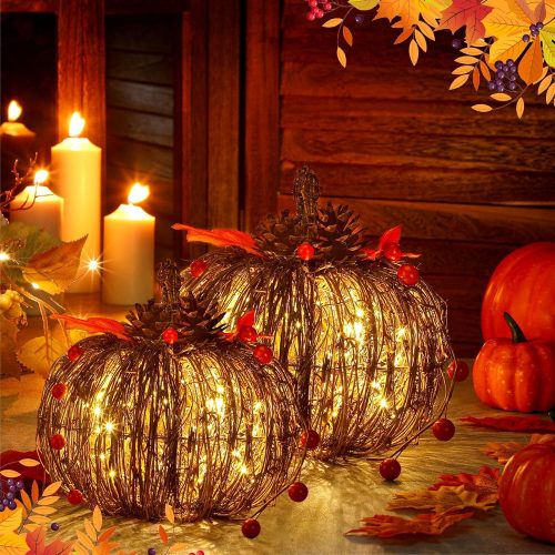 2 Pcs Rattan Lighted Pumpkin Fall Decorations Artificial Rattan Pumpkin Lanterns LED Fall Lighted Harvest Indoor Outdoor Halloween Thanksgiving Decor Porch (Brown,8 6 Inch)