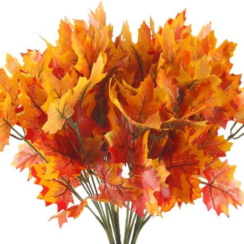 HUAESIN Artificial Maple Leaves Branches 4 Pcs Fake Silk Fall Leaves Stem Autumn Faux Flowers Fall Shrubs Bushes for Autumns Table Centerpieces Home Kitchen Thanksgiving Festival Decoration