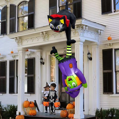 8 FT Halloween Inflatables Outdoor Decorations Black Cat and Witch Inflatable, Halloween Blow Up Yard Decorations with LED Lights, Black Cat Inflatable Decorations for Outdoor Yard Roof Decor