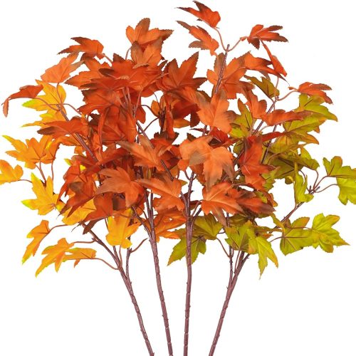 4Pcs Artificial Maple Leaves Branches 21.6in Fake Fall Leaves Stems Plants Outdoor Greenery for Home Kitchen Farmhouse Thanksgiving Table Centerpiece Fireplace Halloween Décor Orange