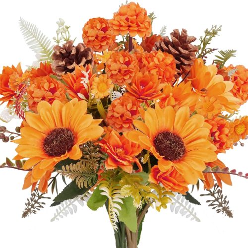 CTZ511CT_1 HUAESIN Artificial Mum Bush Sunflowers Faux Fall Chrysanthemums Flower Bouquets Silk Floral Arrangements with Pinecone Stems for Home Thanksgiving Table Centerpieces Autumn Decor