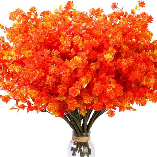 SITUMEIZI Artificial Mums for Outdoor Fall Flowers,Faux Flower Eucalyptus Leaves Fake Plants Greenery Outside Plastic Proch Patio Front Fall Halloween Thanksgiving Decorations(8Pcs,Orange)