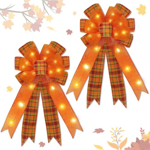 [ 2 Pack & Timer ] Prelit Fall Wreath Bows with 40 LED Lights Total, 18 Inch Orange Buffalo Burlap Plaid Bows for Wreath, Fall Bows Tree Topper Front Door Thanksgiving Home Decor Indoor Outdoor