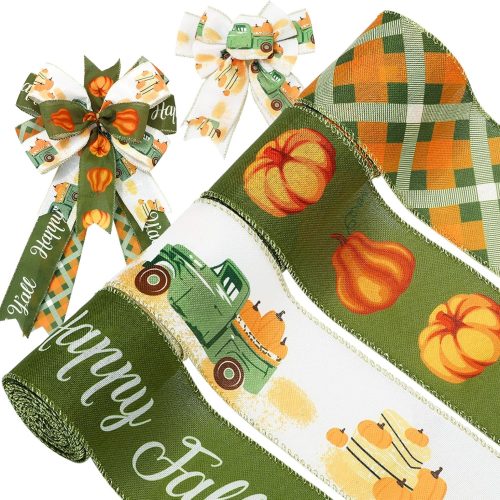 CTZ572CT_1 Whaline 4 Rolls Fall Wired Edge Ribbon 24 Yards 2.5 Inch Green Autumn Pumpkin Truck Plaids Ribbon for Bow Wreath Craft Gift Wrap Farmhouse Thanksgiving Harvest Wedding Birthday Party Decor