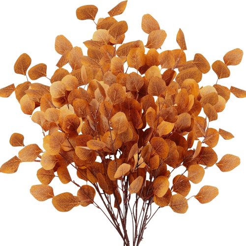 Sggvecsy 6 Pcs Fall Eucalyptus Leaves Artificial Eucalyptus Stems Long Silver Dollar Leaves Autumn Leaf Branches Fake Silk Eucalyptus for Christmas Home Autumn Festival Thanksgiving Decor(Orange)