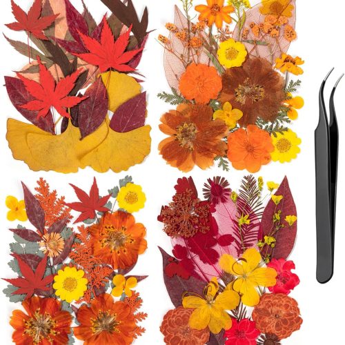 78 Pcs Fall Dried Pressed Flowers with Tweezer, Fall Themed Real Dried Flowers Leaves for DIY Crafts Resin Molds, Yellow Orange Dried Flowers for Autumn Halloween Thanksgiving Decorations