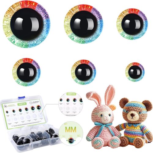 MUCUNNIA 30PCS 12-30mm 3D Rainbow Glitter Safety Eyes for Crocheting with Washers Safety Eyes for Amigurumi Crochet Safety Eyes for Crochet Animals Crafts Halloween Decorations