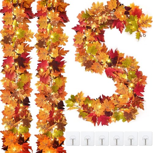 3Pcs Fall Garland with Lights, 17Ft Fall Leaves Garland for Mantle, Lighted Garlands, Artificial Maple Leaf Garlands for Centerpiece Front Door Window Fireplace Home Indoor Thanksgiving Decorations