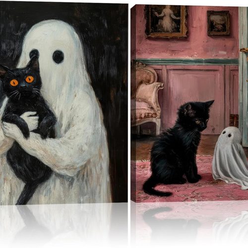 Framed Ghost and Black Cat Wall Art Set of 2 Halloween Gothic Canvas Poster Cute Spooky Cat Ghost Picture Prints for Living Room Bedroom Kids Room Wall Decor 12x16 Inch Ready to Hang