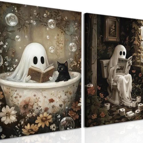Halloween Ghost Bathroom Wall Art Set of 2, Funny Gothic Wall Decor Ghost and Black Cat in Bathroom Poster Canvas Prints Artwork Dark Academia Pictures for Bedroom Living Room 12x16 inch Framed