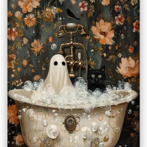 Halloween Canvas Wall Art Ghost and Black Cat in Bathtub Bathroom Decor Poster Print Dark Academia Flower Art Gothic Ghosts Face Spooky Bubblebath Room Aesthetic Decoration 12x18inch Unframed
