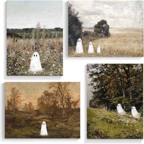 Xianyojafa 4 Piece Cute Ghosts Canvas Wall Art, 8x10in Vintage Spooky Farmhouse Landscape Posters for Room Aesthetic, Creepy Ghost Decor Moody Halloween Pictures, Rustic Landscape Painting Unframed