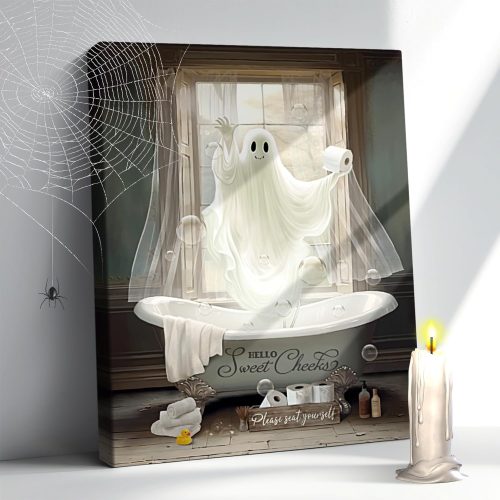 Funny Ghost Canvas Wall Art White Ghost Picture Farmhouse Bathroom Wall Decor Ghost Painting for Toilet Bathroom Animal Artwork 12x16 Inch