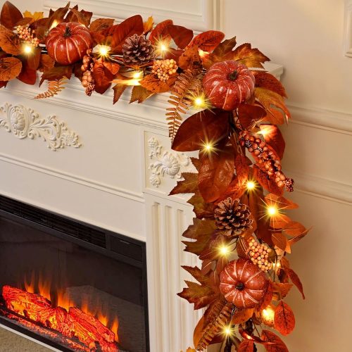 Waipfaru Fall Decor, 1 Pcs Fall Garland for Mantel, 6 FT Garland with Lights, Artificial Autumn Leaves Pumpkin Vine for Table Centerpiece, for Thanksgiving Day, Mantel Dinner Fireplace Decoration