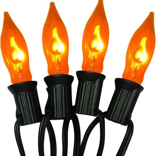 Halloween Flicker Flame Lights Orange String Lights, 10Ft C7 Vintage Flickering Flame Lights 10 Orange Flame Light Bulbs, Halloween String Light for Indoor Outdoor Halloween Christmas Decorations