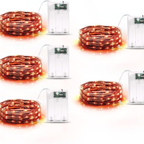 5 Pack Fairy Lights Battery Operated, 7 Feet 20 Led String Lights with Timer, Waterproof Firefly Lights for Party Haunted House Indoor Outdoor Halloween Decorations, 6 Hours on/18 Hours Off, Orange