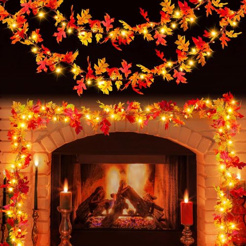 Fall Decorations Fall Garland with Lights 9Ft Plug in Lighted Thanksgiving Garland with 50 Incandescent Bulbs Fall Decor Lights for Outdoor Indoor Home Party Autumn Halloween Fall Harvest Decor