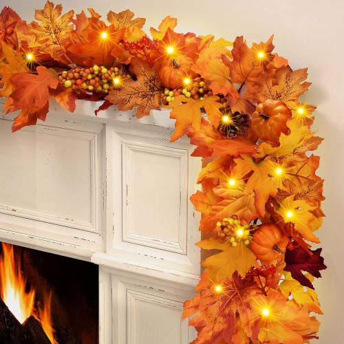 Fall Decorations for Home - Fall Garland for Mantle, 5.9 Ft Fall Leaves Garland with Maple Leaves Pumpkins for Home Thanksgiving Fireplace Wall Table Outdoor Decor