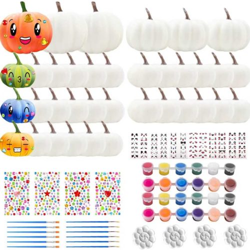 Airsnigi 36 Pcs Pumpkin Decorations Halloween Crafts, White Foam Pumpkins DIY Crafts Decorations with Sticker Paints Palette Brush for Thanksgiving Party Favors Home Decor, 3 Size