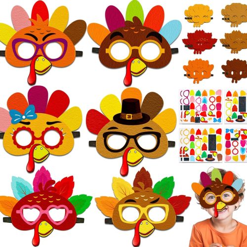 16PCS Thanksgiving Crafts in Bulk: Felt Turkey Masks DIY Arts Kit, Fall Party Favors Classroom Activities Supplies
