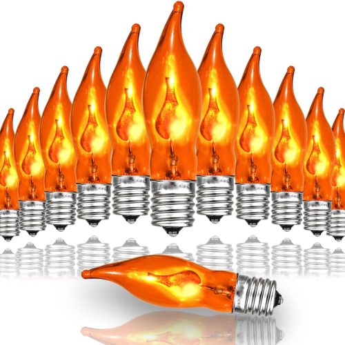 12 Count Halloween Flickering Flame Lights Bulbs, E12 Flickering Flame Bulb / C18 Orange Light Bulbs, for Halloween String Lights & Window Candelabra & Candle Light Bulbs Replacement - 1W