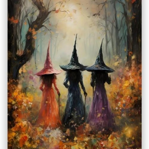 Vintage Halloween Wall Decor Horror Poster Autumn Fall Witch Coven Amongst The Wildflowers Wall Art Magical Witch In The Forest Art Prints for Home Living Room Decor Aesthetic 8x12inch Unframed