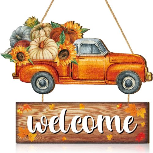 Barydat Thanksgiving Door Sign Harvest Welcome Wooden Door Decor with Sunflowers Pumpkins Autumn Farmhouse Decoration Outdoor for Thanksgiving Porch Home Party Decor