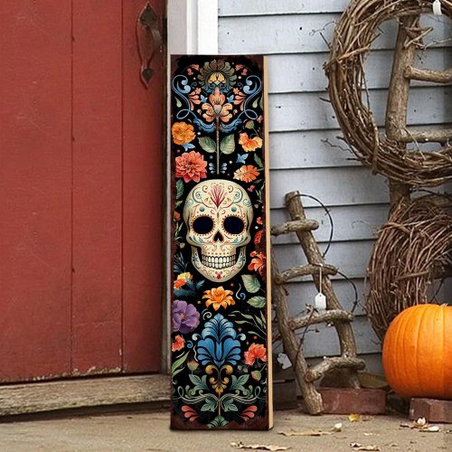 Halloween Dia De Los Muertos Wooden Skull Welcome Sign, Fall Porch Sign for Front Door Decorations, 31.5"H