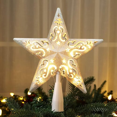 1 Brizled Star Christmas Tree Topper, 8" Glittered Hollow-out Tree top Star, Double-Sided 3D Tree Topper with 10 Lights, UL Certified Lighted Xmas Tree Topper for Holiday Christmas Tree Decor, Silver