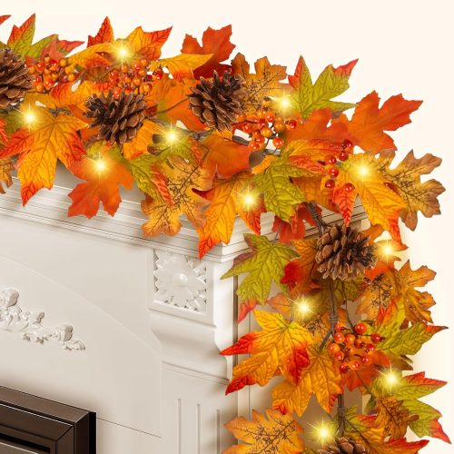 1 6ft Fall Garland with Lights,Autumn Garlands with Berry Pine Leaves,Floraleaf Garland for Mantle Table, Thanksgiving Indoor and Outdoor Fall Decor