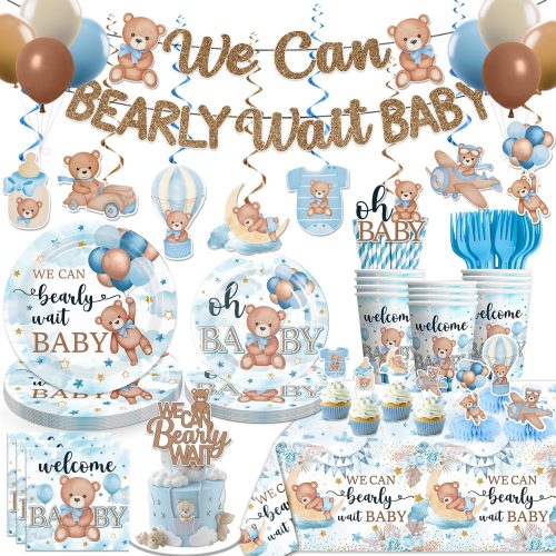 1 201PCS Blue Baby Shower Decorations Serves 25, Boy Baby Shower Include Banner, Plates, Balloons, Cake Topper and Tablecloths, for Baby Boy Shower Decorations