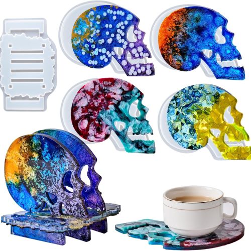 1 Halloween Skulls Silicone Coaster Molds 4pcs with 1pcs Matching Holder Mold Epoxy Resin Cup Mat DIY Candle Holder, Soap Dish, Home Decoration Casting Mould