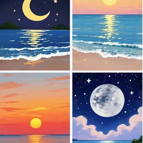 1 NEGHER 4 Pack Landscape Diamond Painting Kits for Adults Beginners,Full Round Drill Beach Diamond Painting Kits,Moon Paint by Diamonds Dots Gem Art Crystal for Home Wall Decor 12X16Inch