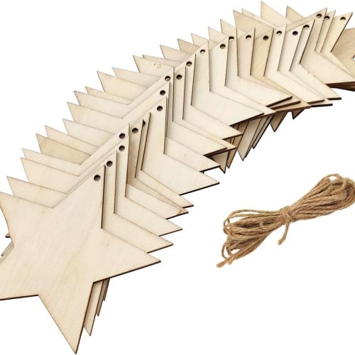 1 32 Pack Wooden Star Cutouts - Unfinished Wooden Stars for Hanging Ornaments, DIY Craft Gift Tags & Home Party Decoration