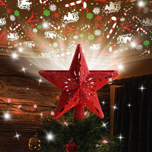 Christmas Tree Topper Lighted with 6 Projection Pattern -Star Tree Topper Built-in Led Rotating Light -3D Glitter Hollow Dynamic Projector for Xmas Tree Topper Decoration (Red)