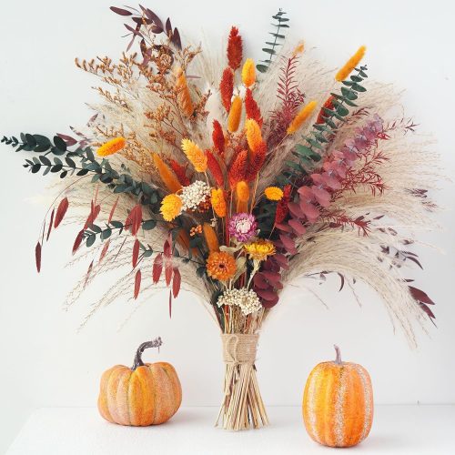 Fall Decorations for Home, Autumn Boho Decor, Aesthetic Fall Flowers for Vase, Dried Orange Pampas Grass Bouquet for Thanksgiving, Halloween, Christmas Centre Pieces 17" (Orange)
